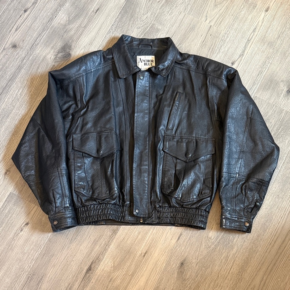Anchor Blue Men's Black Leather Bomber Jacket